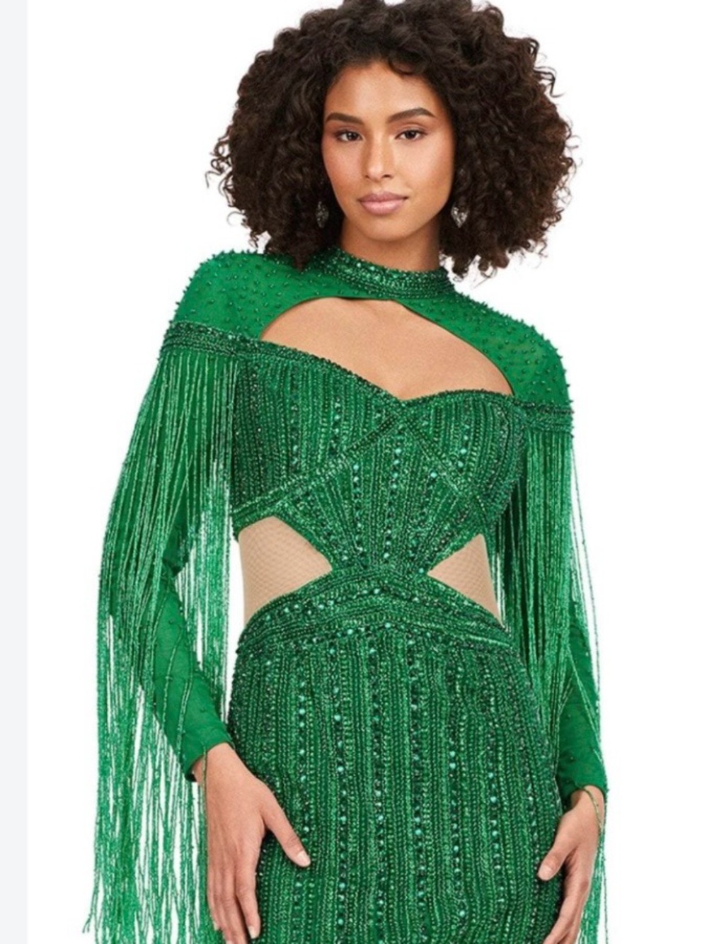 661. Ashley Lauren 4601 Green Beaded Fringe Evening Dress